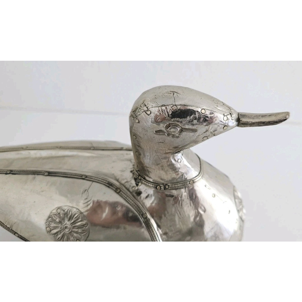 Vintage Silver Metal Over Wood Duck Decoy Figurine Folk Art Decorative Bird - Picture 11 of 16